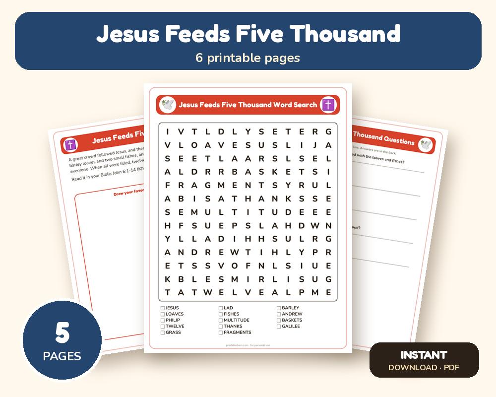 Jesus Feeds Five Thousand Sunday School Worksheet: Story, Word Search & Questions (KJV) printable preview 1