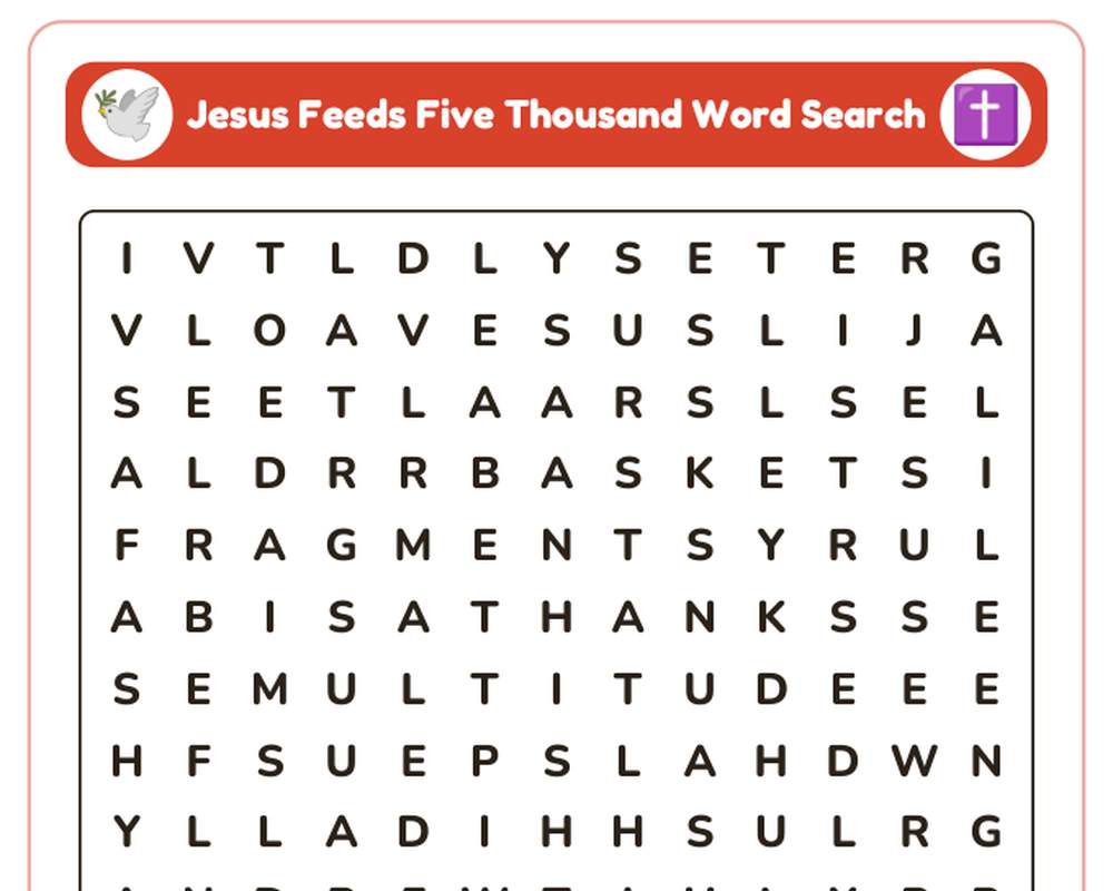Jesus Feeds Five Thousand Sunday School Worksheet: Story, Word Search & Questions (KJV) printable preview 2