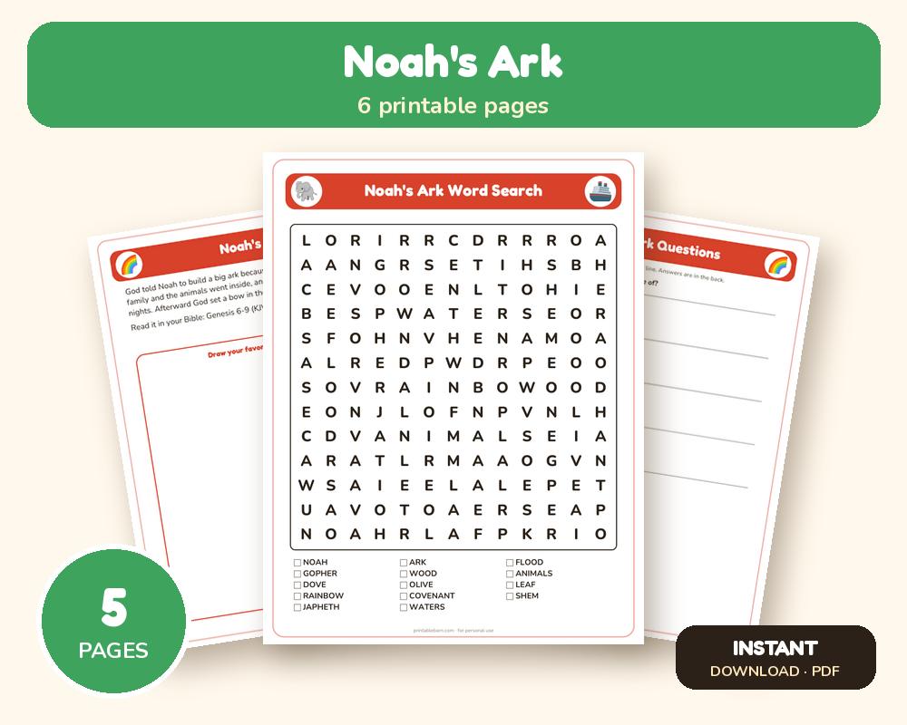 Noah's Ark Sunday School Worksheet: Story, Word Search & Questions (KJV) printable preview 1