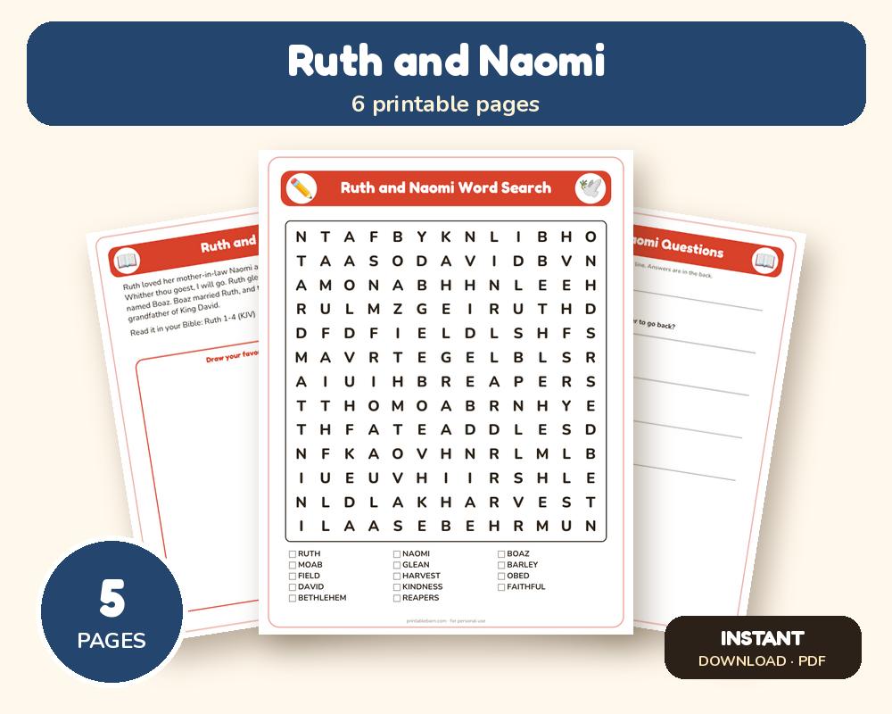 Ruth and Naomi Sunday School Worksheet: Story, Word Search & Questions (KJV) printable preview 1