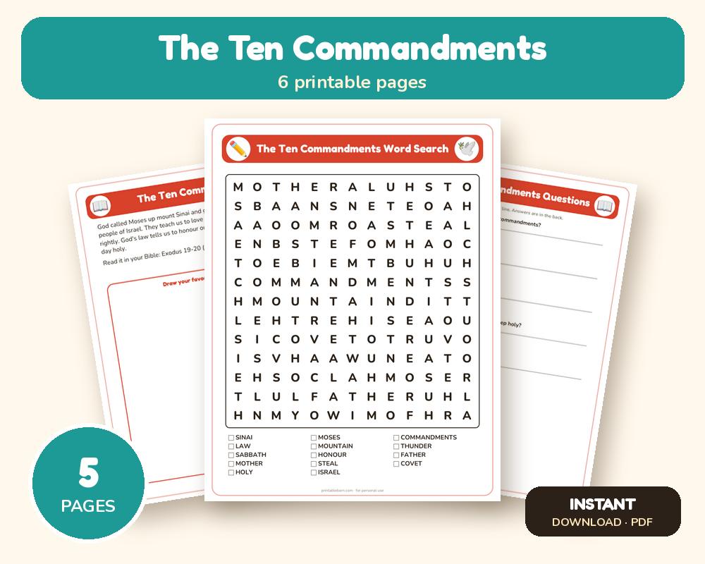 The Ten Commandments Sunday School Worksheet: Story, Word Search & Questions (KJV)