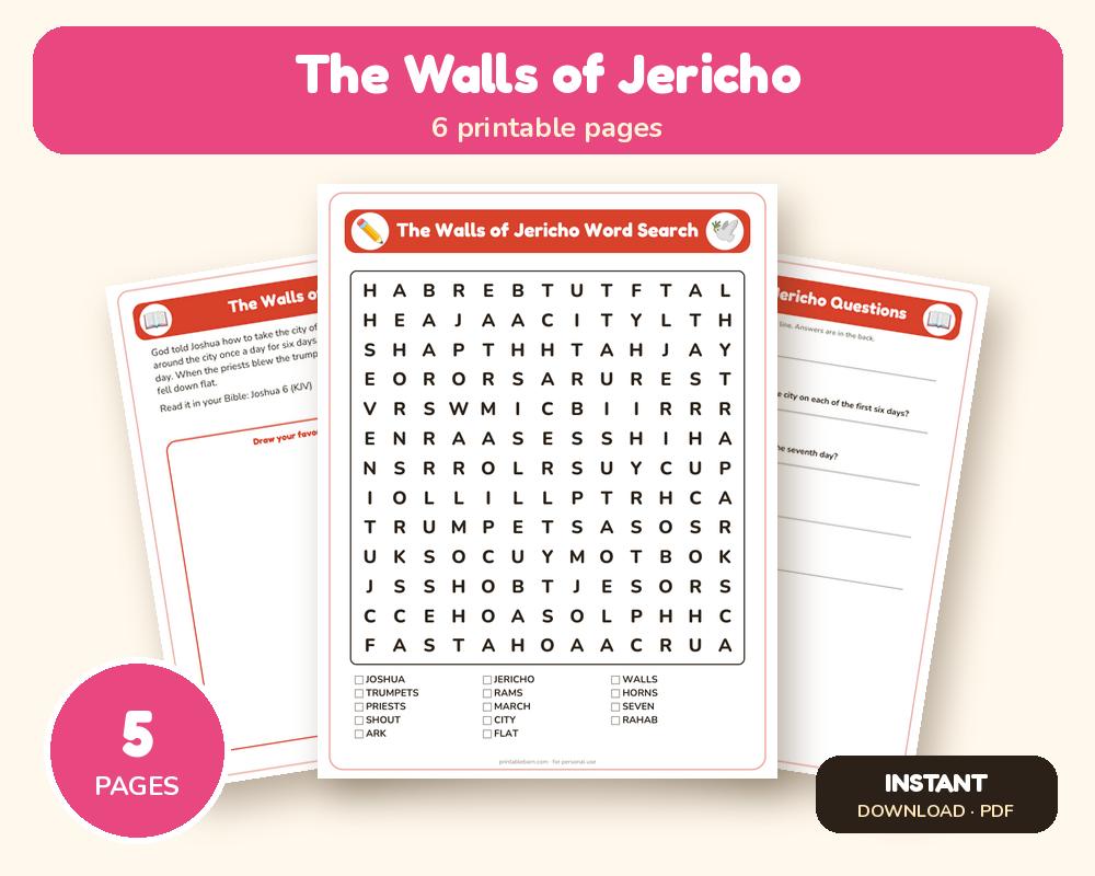 The Walls of Jericho Sunday School Worksheet: Story, Word Search & Questions (KJV)