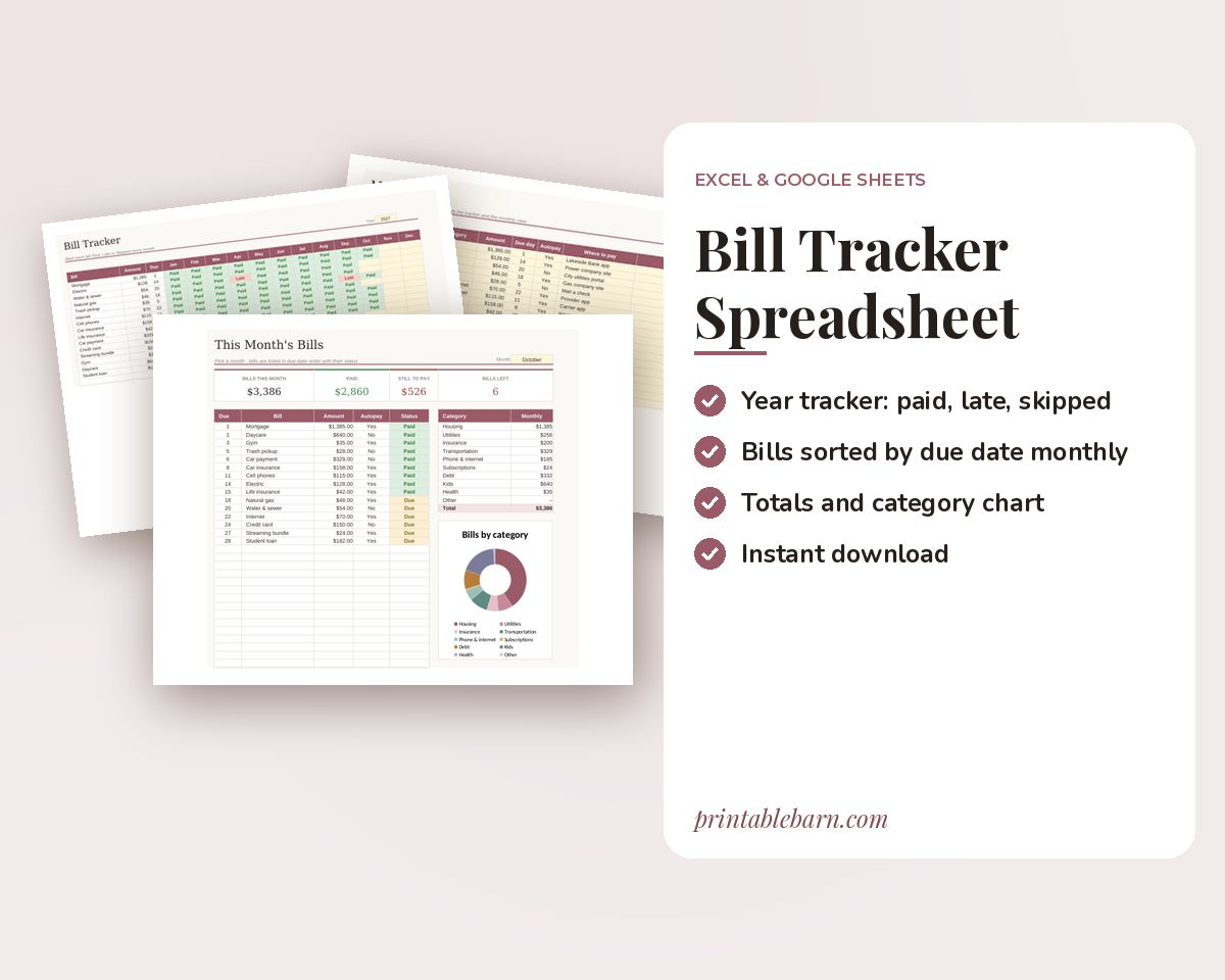 Bill Tracker Spreadsheet: Monthly Bill Payment Checklist for Excel & Google Sheets printable preview 1