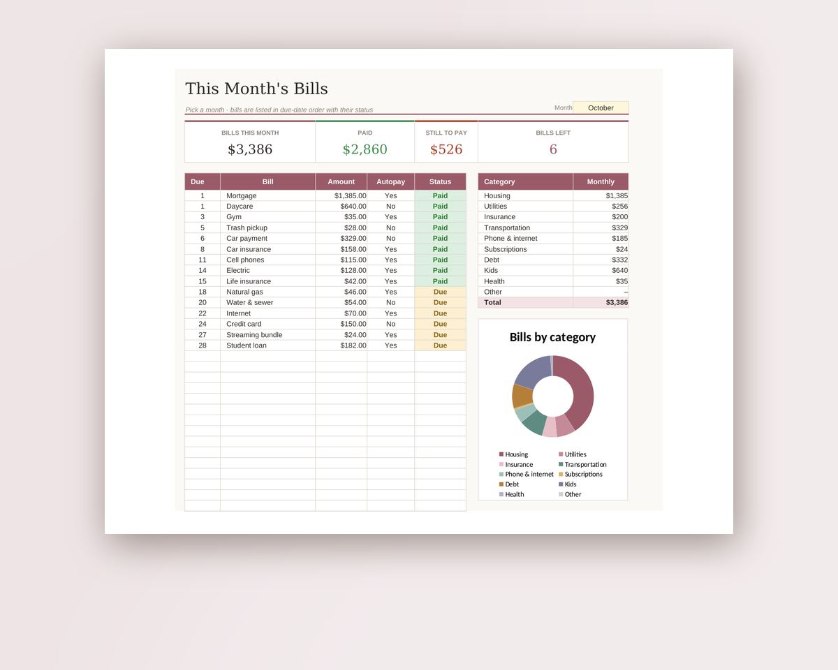 Bill Tracker Spreadsheet: Monthly Bill Payment Checklist for Excel & Google Sheets printable preview 2
