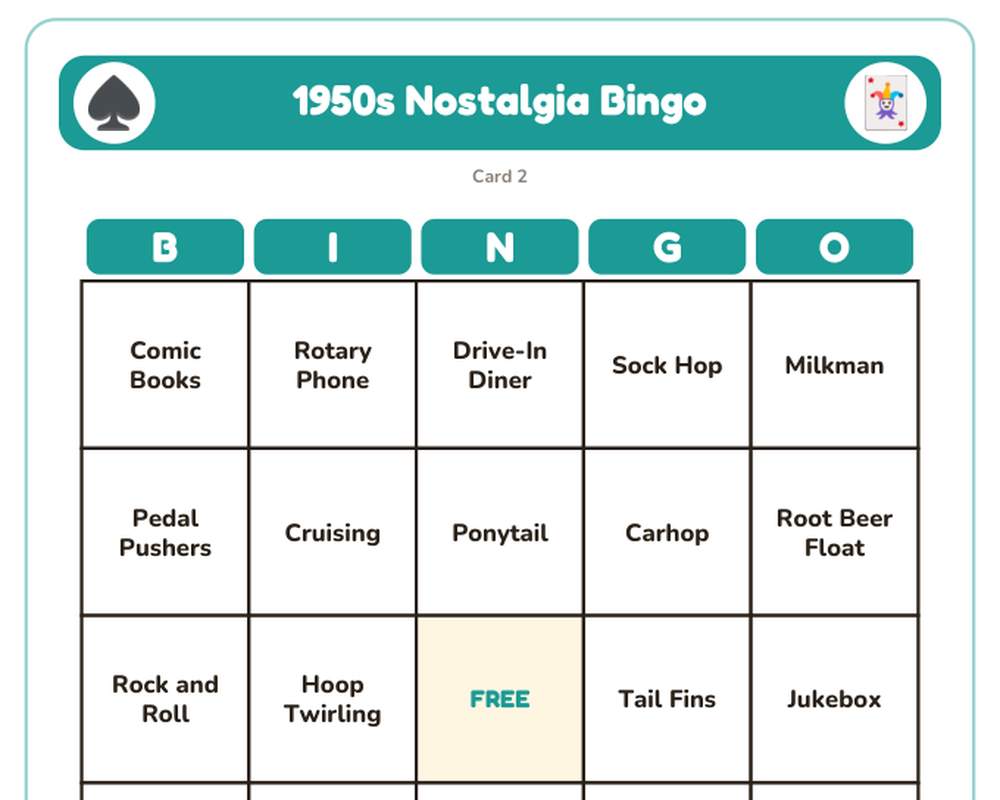 Free printable 1950s Nostalgia Bingo sample page