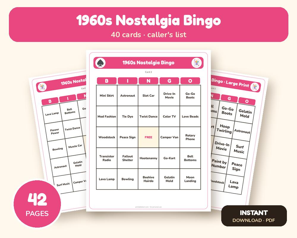1960s Nostalgia Bingo: 40 Printable Cards (Regular + Large Print)