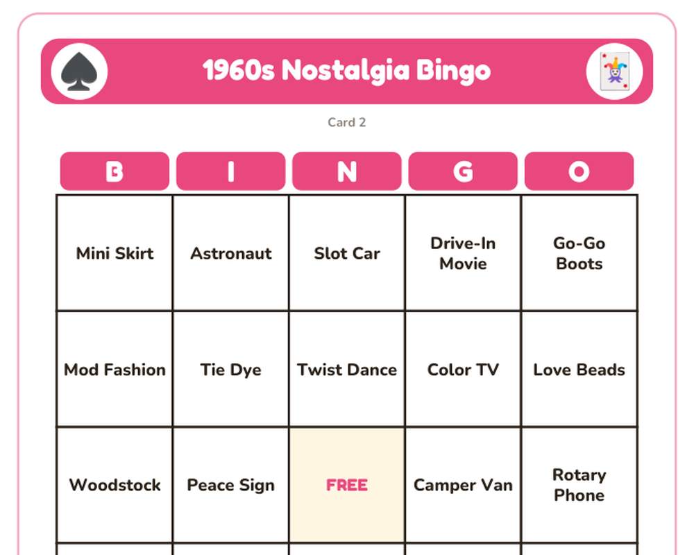 1960s Nostalgia Bingo: 40 Printable Cards (Regular + Large Print) printable preview 2