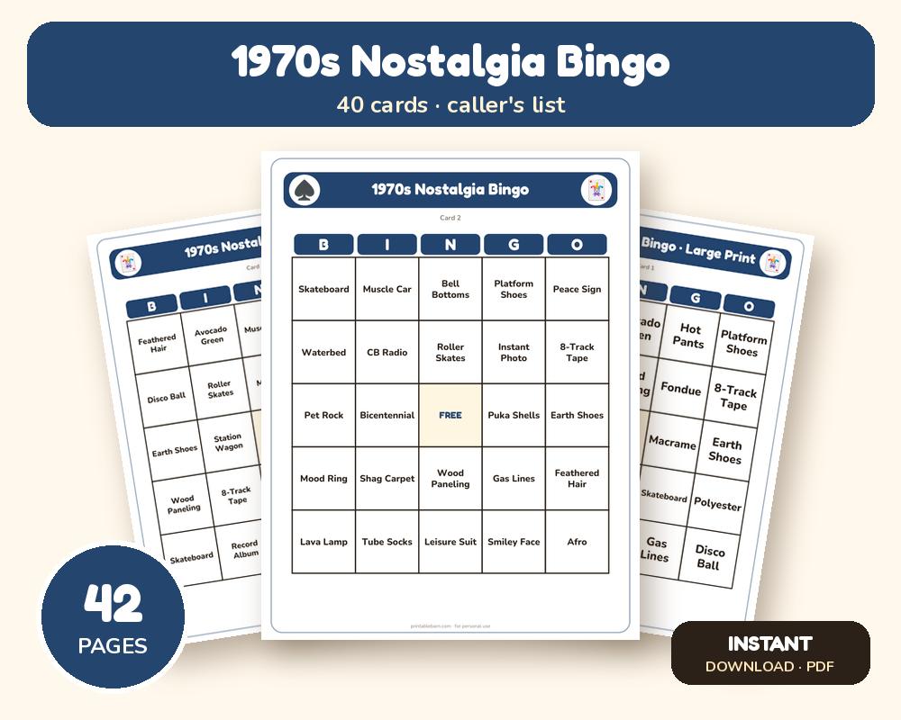 1970s Nostalgia Bingo: 40 Printable Cards (Regular + Large Print)
