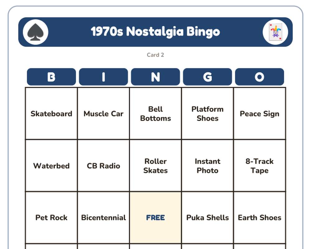 Free printable 1970s Nostalgia Bingo sample page