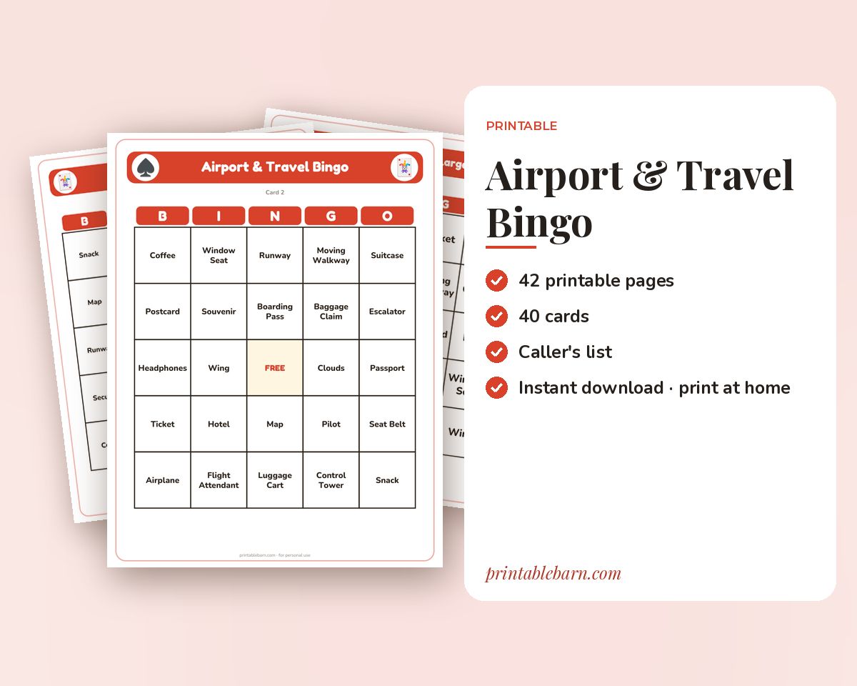 Airport & Travel Bingo: 40 Printable Cards (Regular + Large Print) printable preview 1