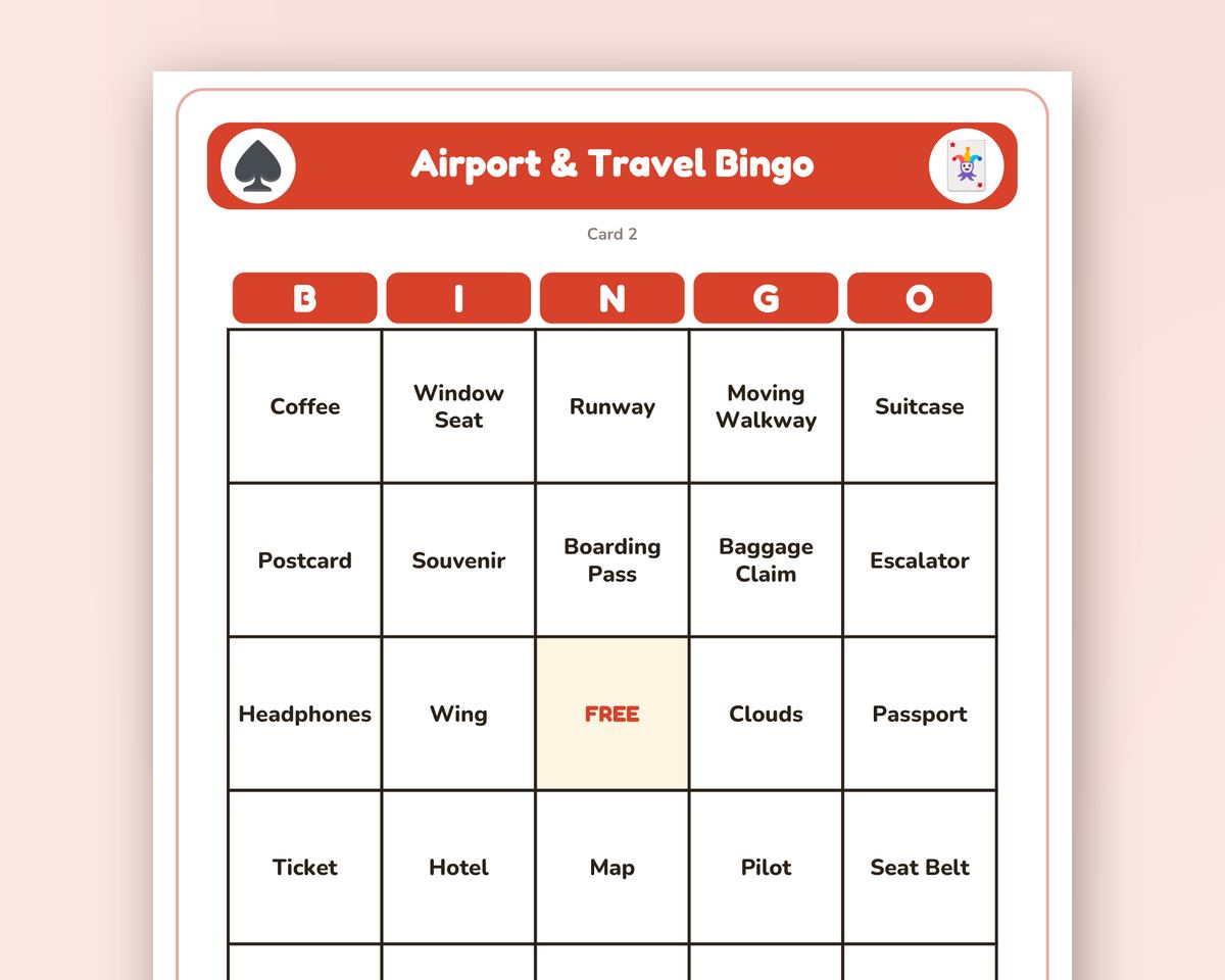 Free printable Airport & Travel Bingo sample page