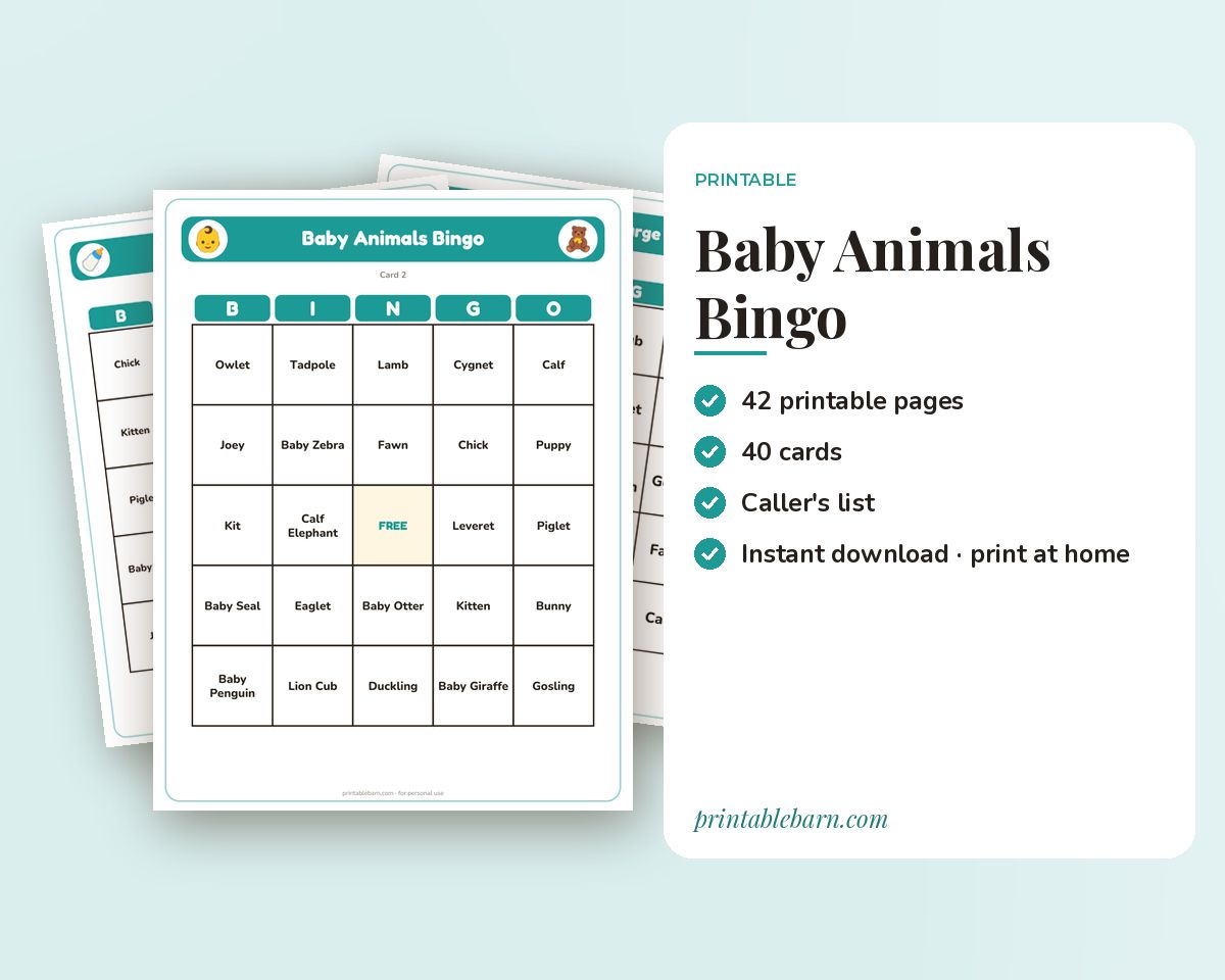 Baby Animals Bingo: 40 Printable Cards (Regular + Large Print)