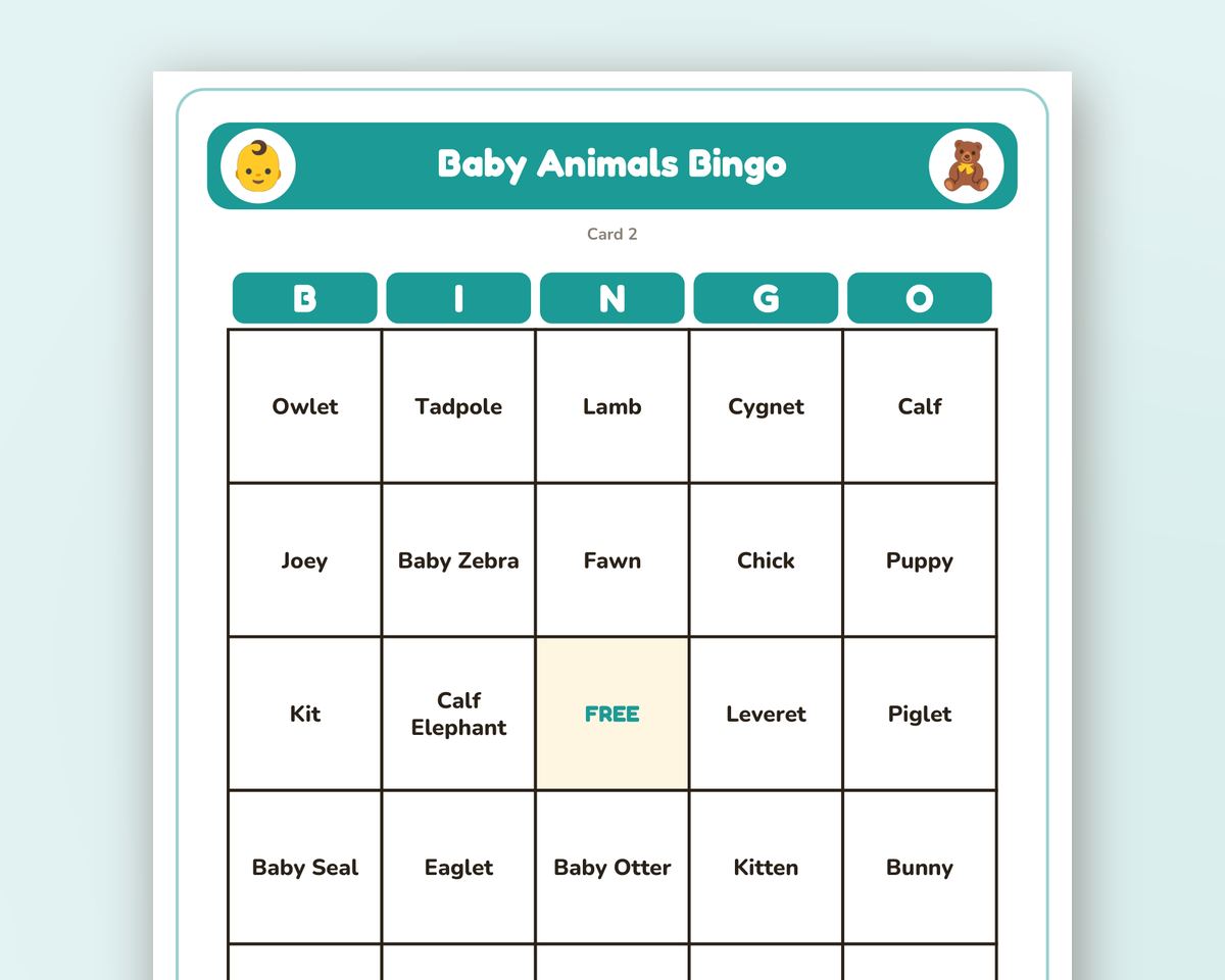 Baby Animals Bingo: 40 Printable Cards (Regular + Large Print) printable preview 2