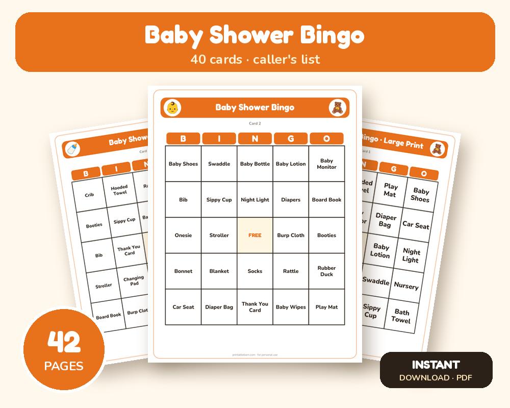 Baby Shower Bingo: 40 Printable Cards (Regular + Large Print)