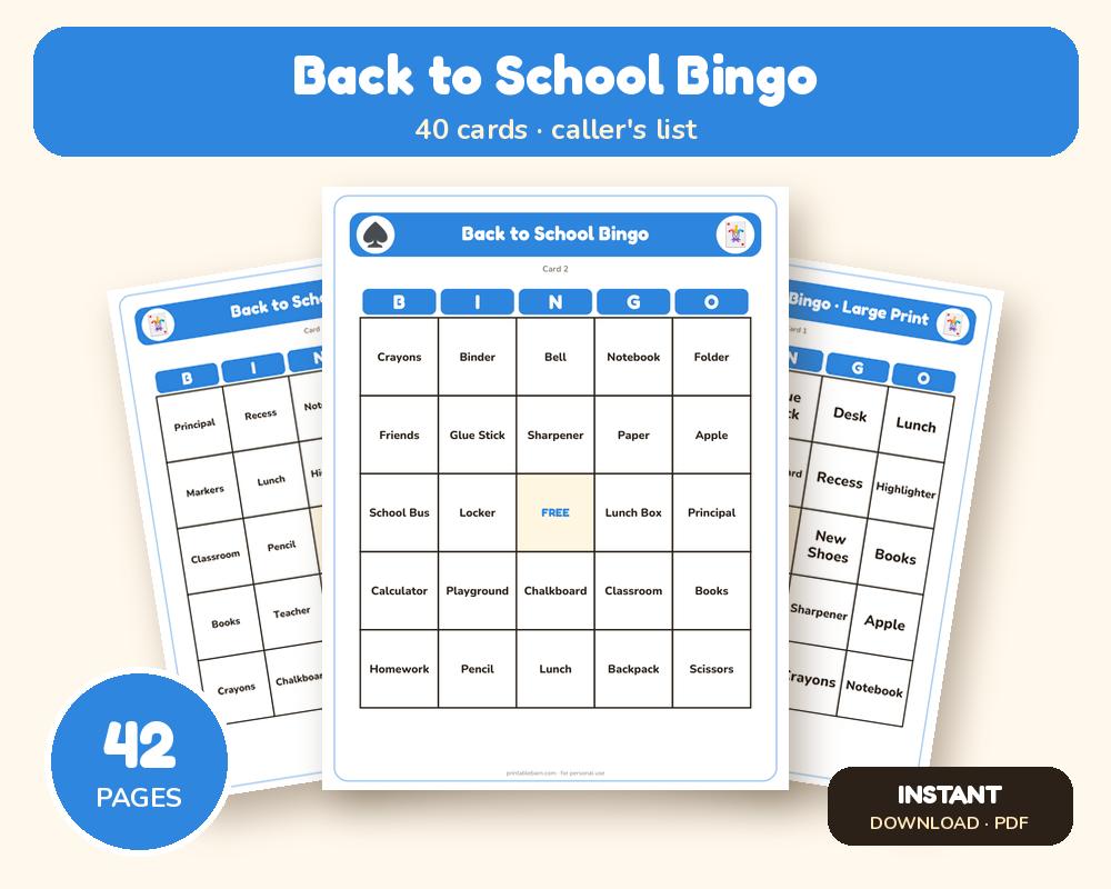 Back to School Bingo: 40 Printable Cards (Regular + Large Print)