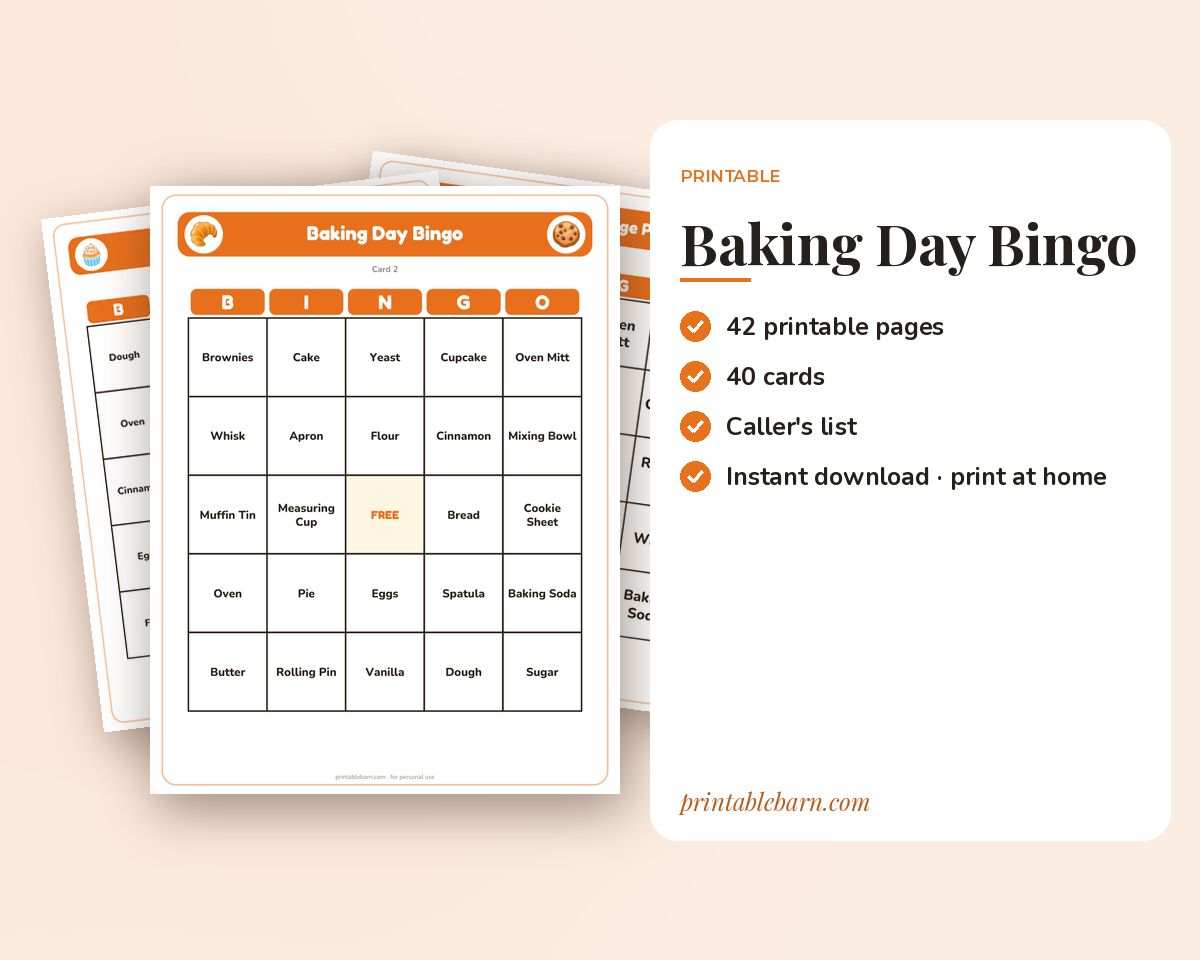 Baking Day Bingo: 40 Printable Cards (Regular + Large Print) printable preview 1