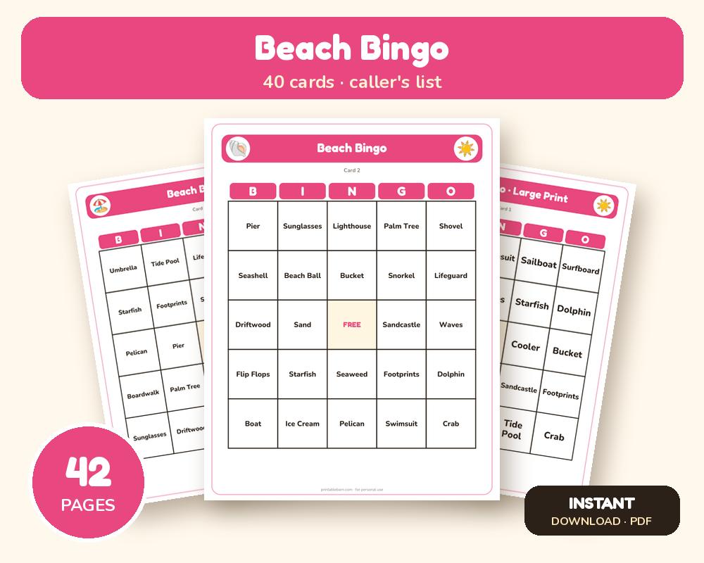 Beach Bingo: 40 Printable Cards (Regular + Large Print)