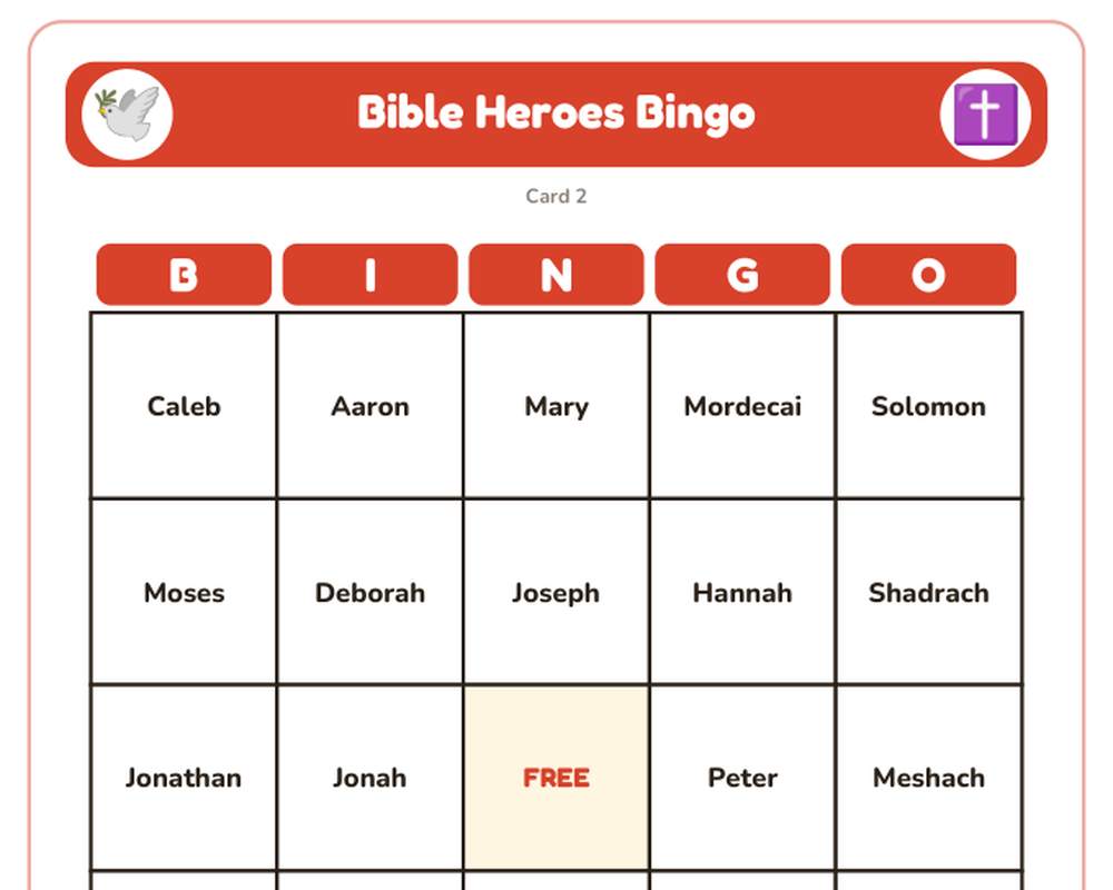 Free printable Bible Heroes Bingo sample page