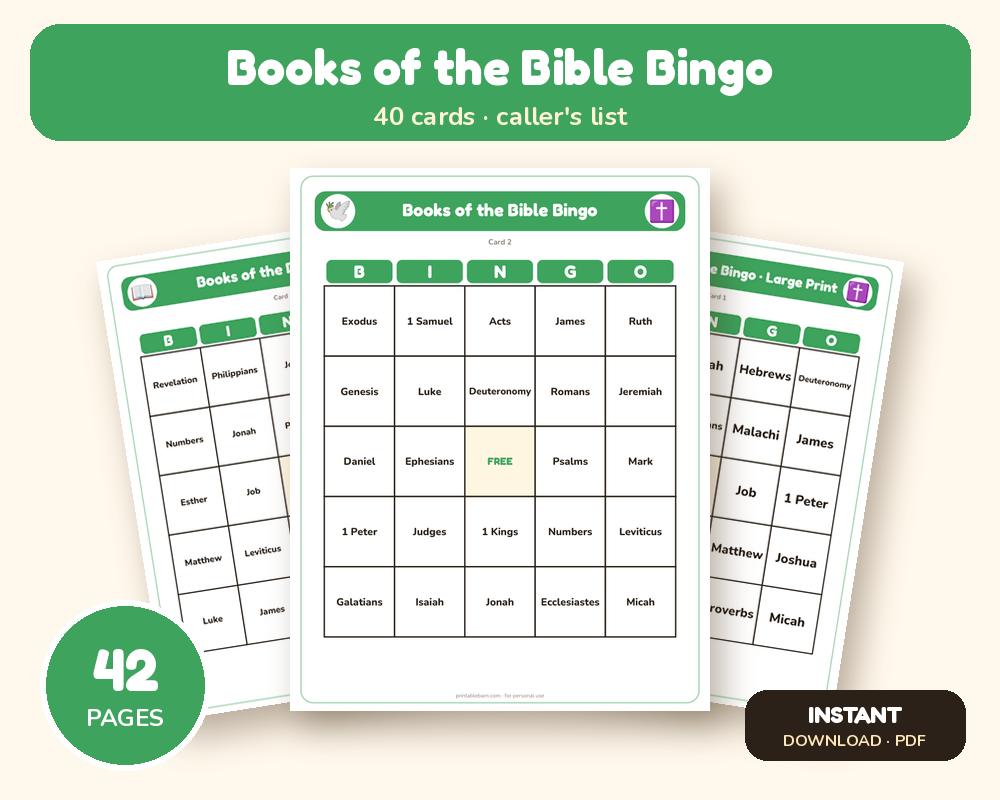 Books of the Bible Bingo: 40 Printable Cards (Regular + Large Print) printable preview 1