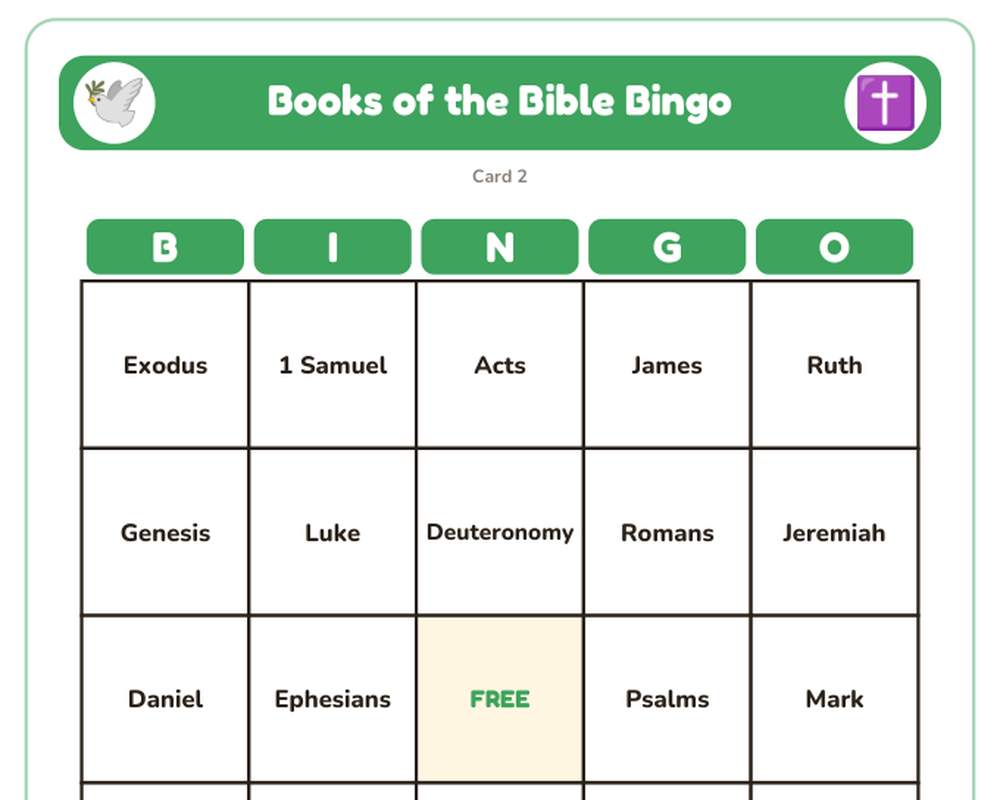 Free printable Books of the Bible Bingo sample page
