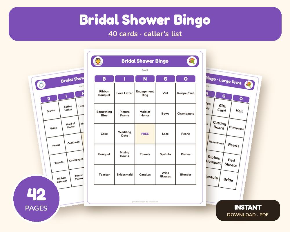 Bridal Shower Bingo: 40 Printable Cards (Regular + Large Print)