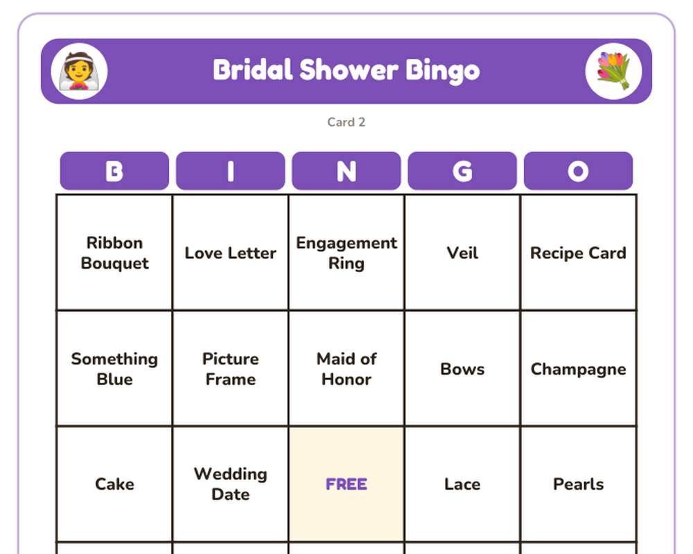 Free printable Bridal Shower Bingo sample page