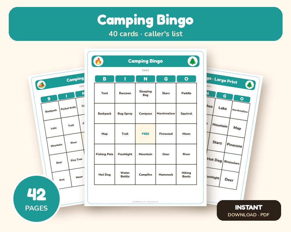 Camping Bingo: 40 Printable Cards (Regular + Large Print) printable preview 1