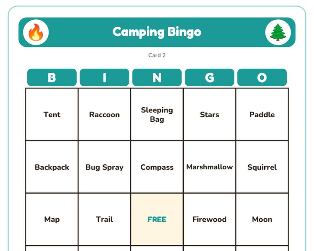 Camping Bingo: 40 Printable Cards (Regular + Large Print) printable preview 2