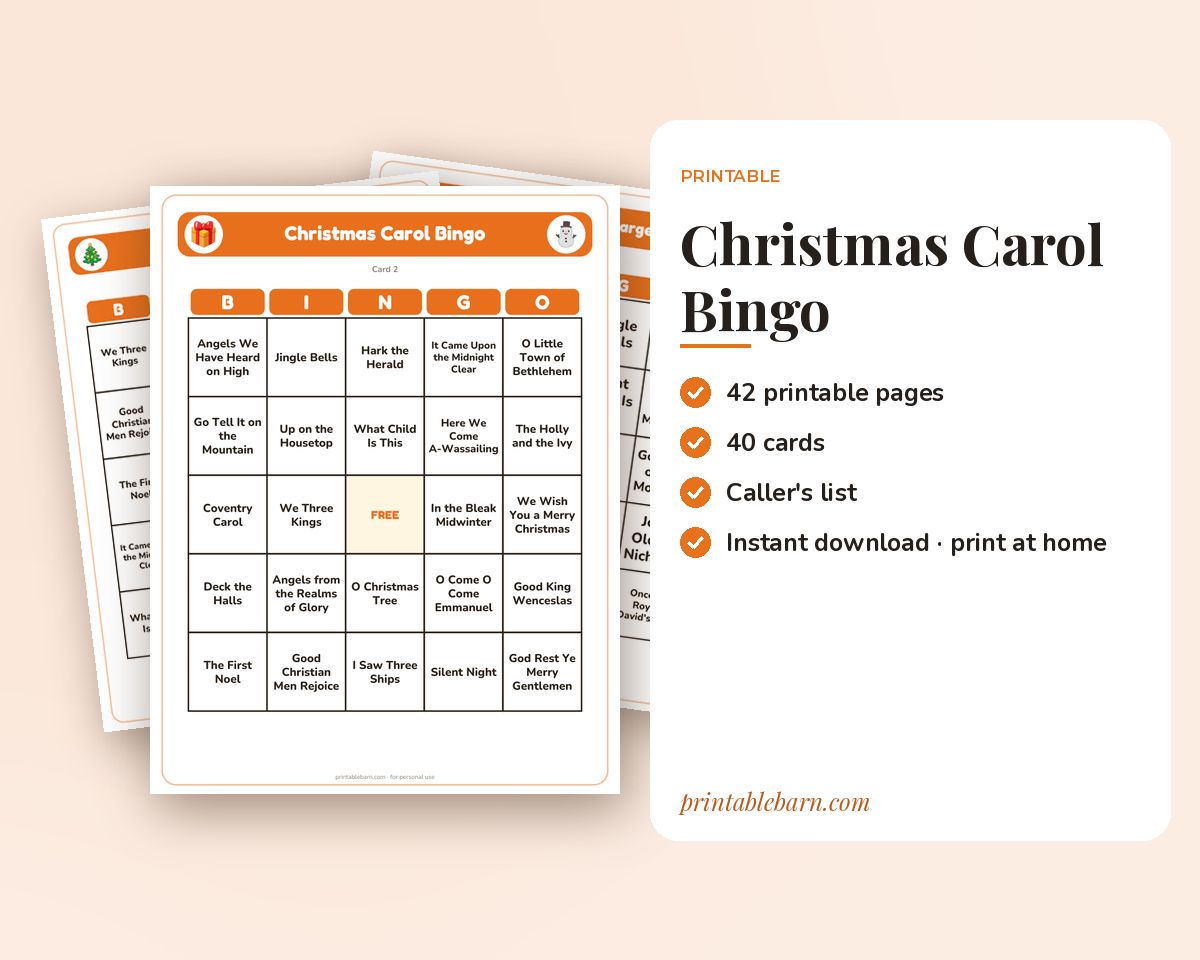 Christmas Carol Bingo: 40 Printable Cards (Regular + Large Print)