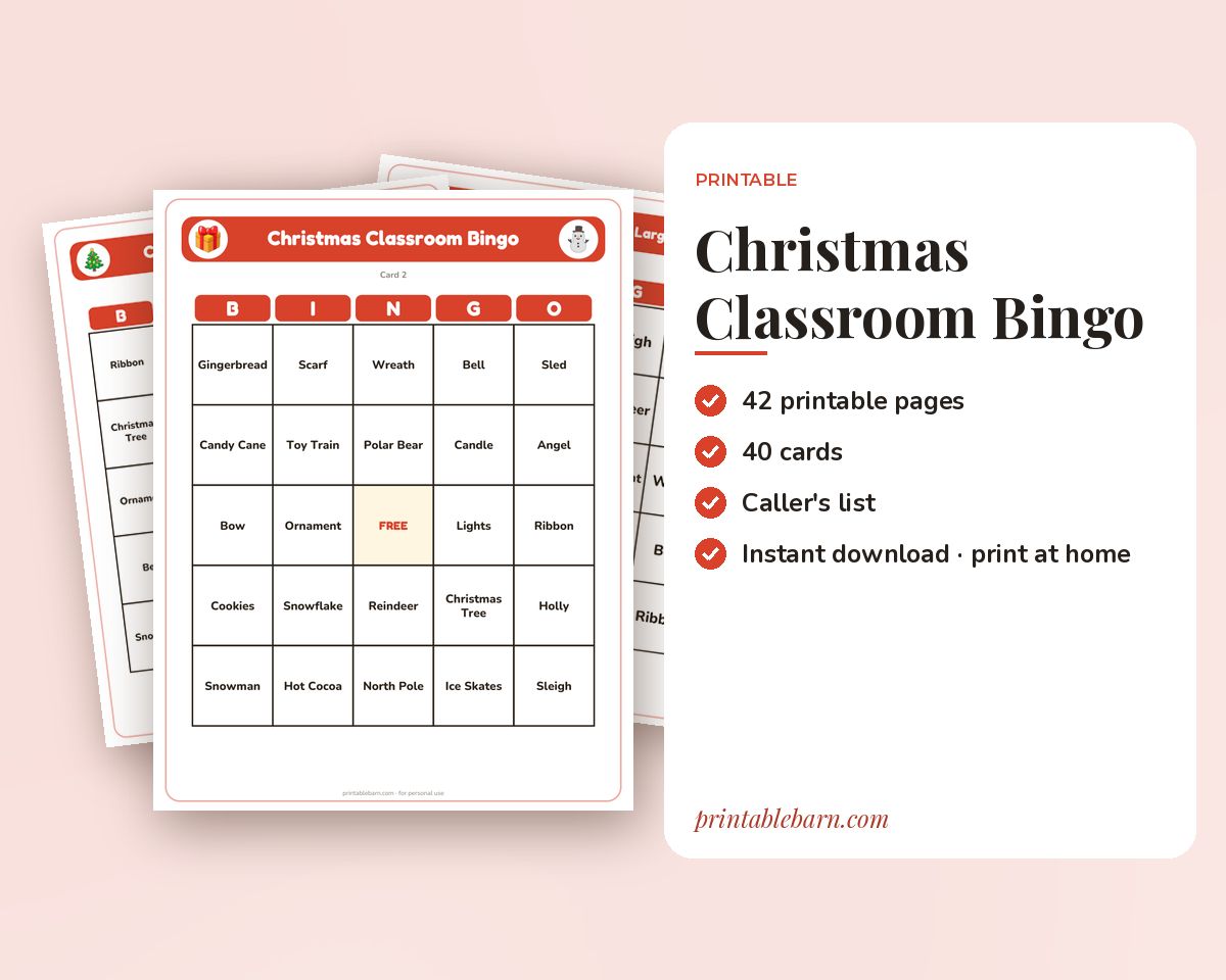 Christmas Classroom Bingo: 40 Printable Cards (Regular + Large Print) printable preview 1