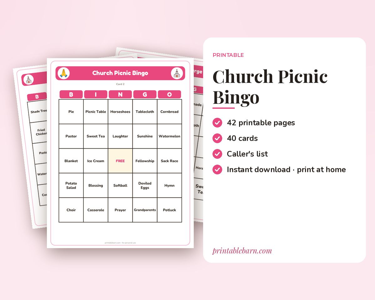 Church Picnic Bingo: 40 Printable Cards (Regular + Large Print) printable preview 1