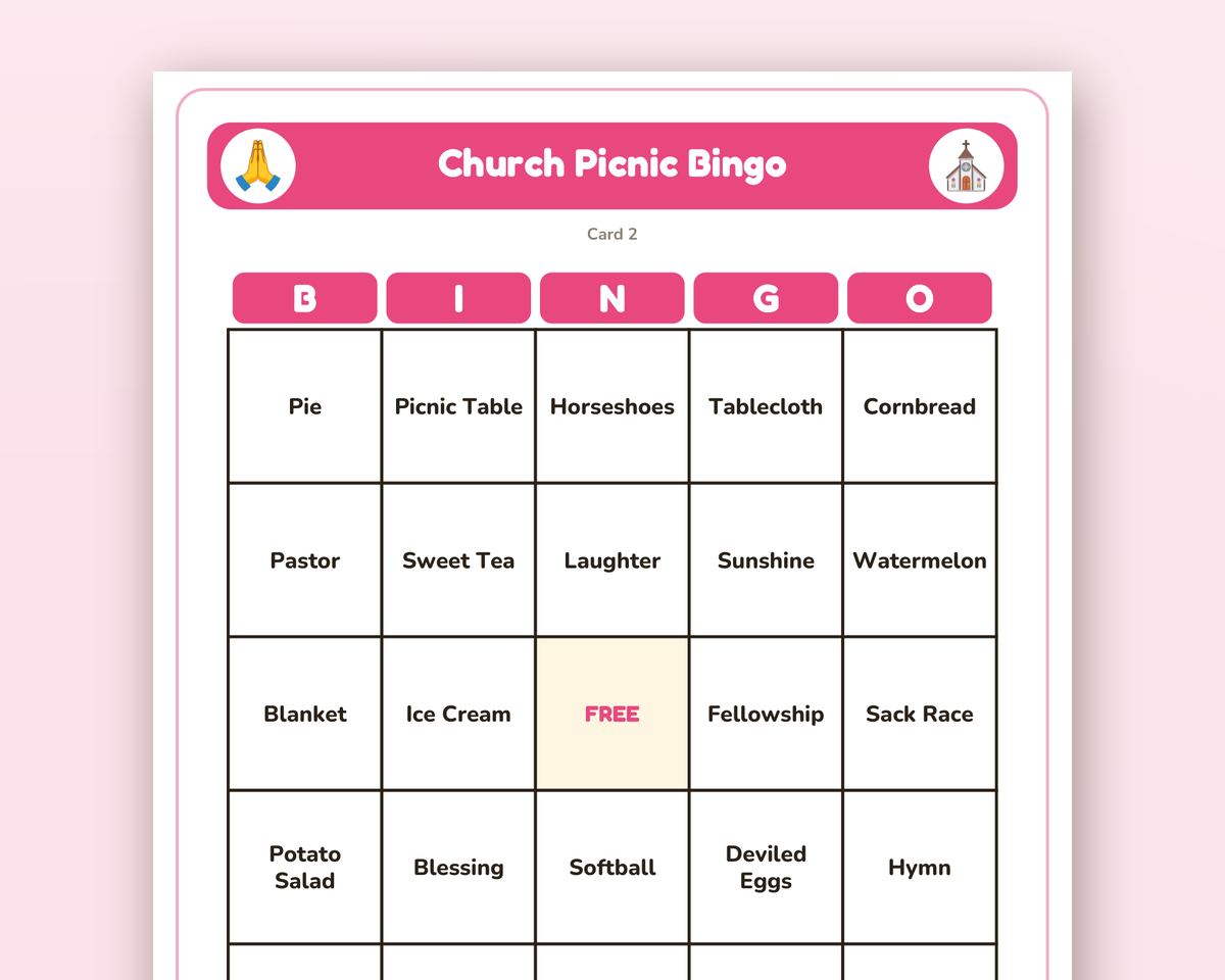 Church Picnic Bingo: 40 Printable Cards (Regular + Large Print) printable preview 2