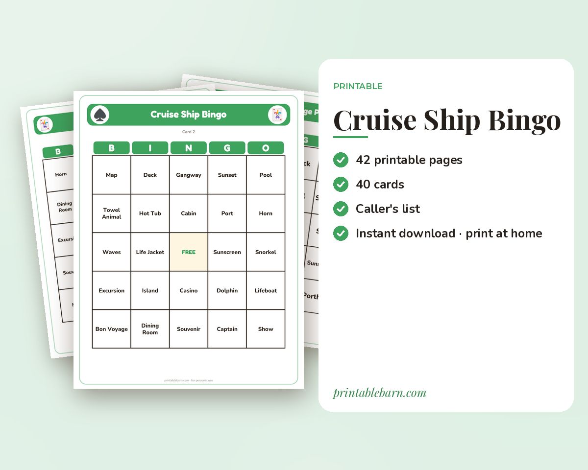 Cruise Ship Bingo: 40 Printable Cards (Regular + Large Print) printable preview 1