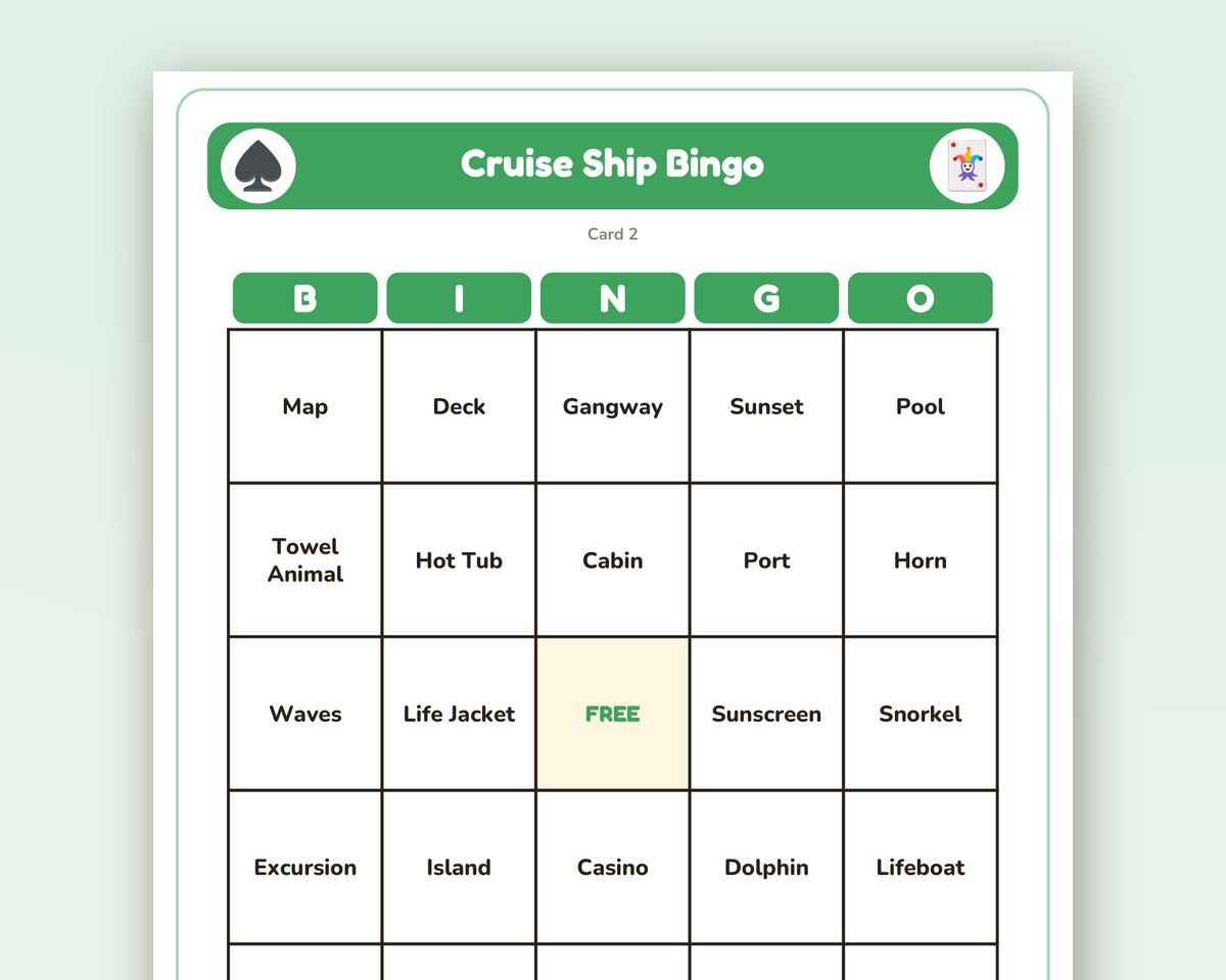 Cruise Ship Bingo: 40 Printable Cards (Regular + Large Print) printable preview 2