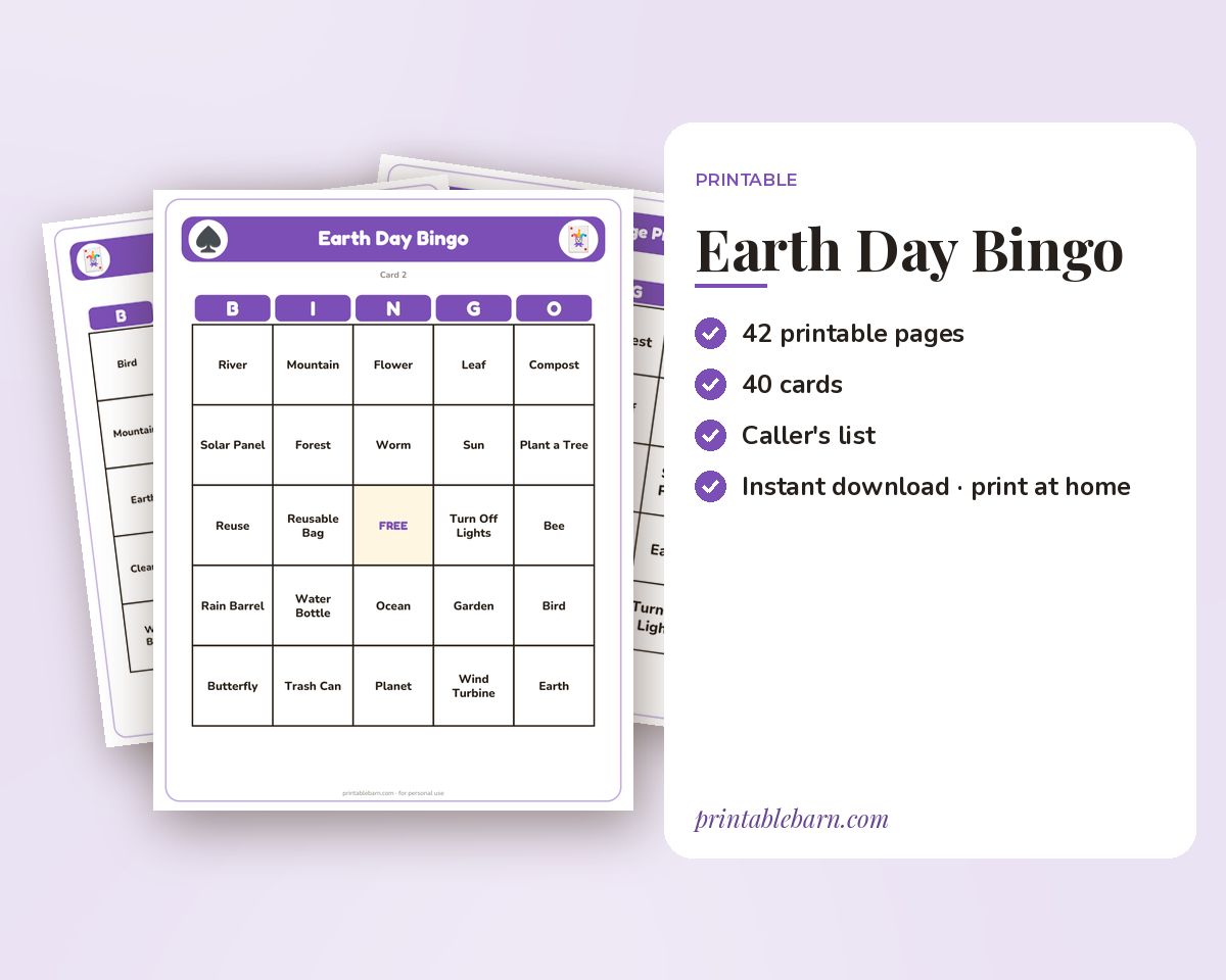 Earth Day Bingo: 40 Printable Cards (Regular + Large Print) printable preview 1