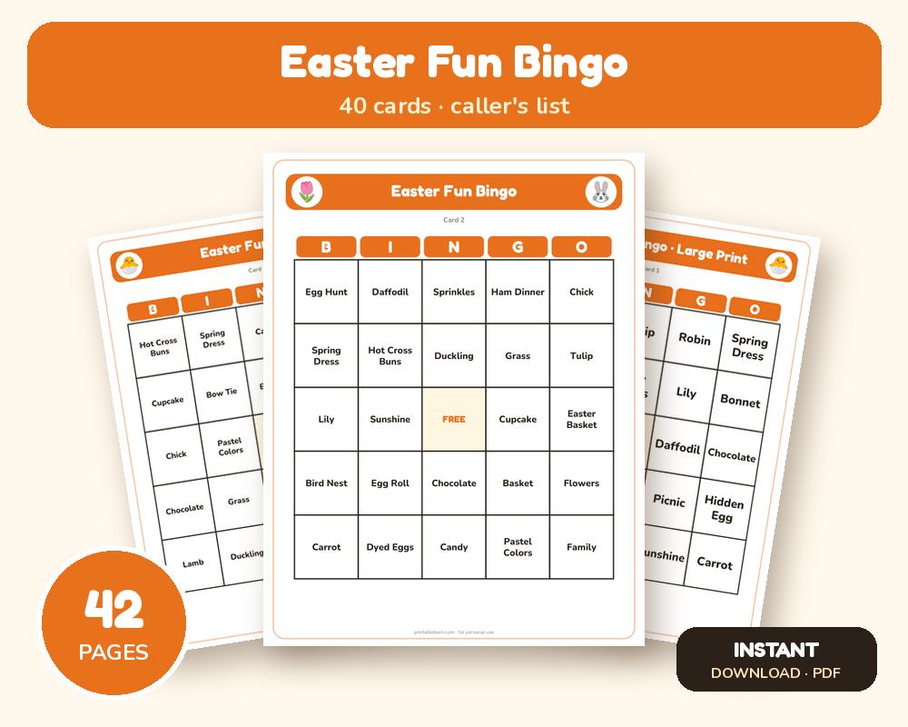Easter Fun Bingo: 40 Printable Cards (Regular + Large Print)