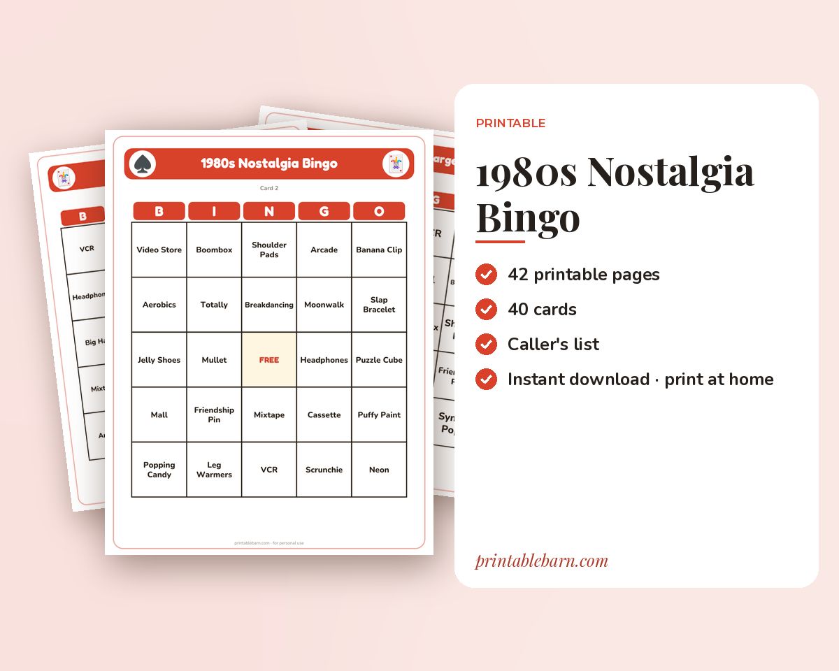 1980s Nostalgia Bingo: 40 Printable Cards (Regular + Large Print)
