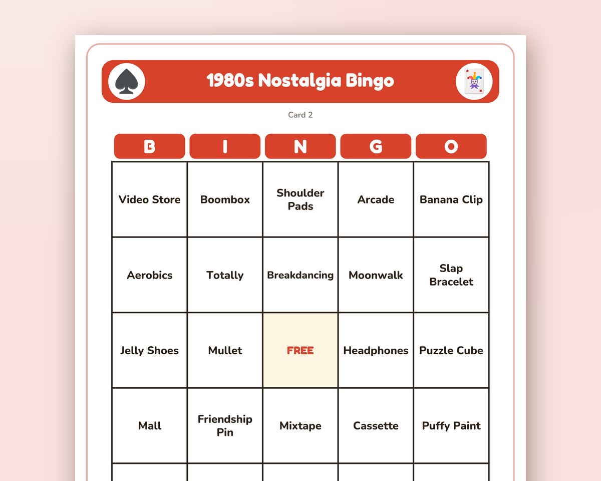 1980s Nostalgia Bingo: 40 Printable Cards (Regular + Large Print) printable preview 2