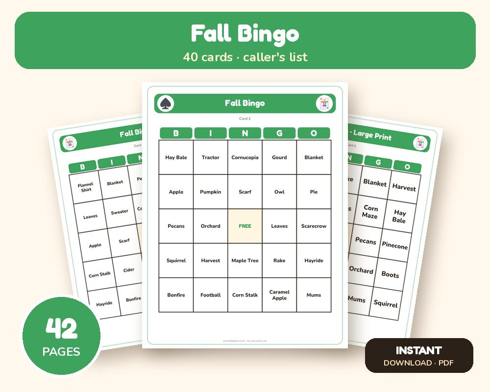 Fall Bingo: 40 Printable Cards (Regular + Large Print)