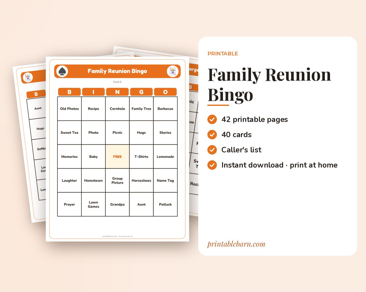 Family Reunion Bingo: 40 Printable Cards (Regular + Large Print) printable preview 1