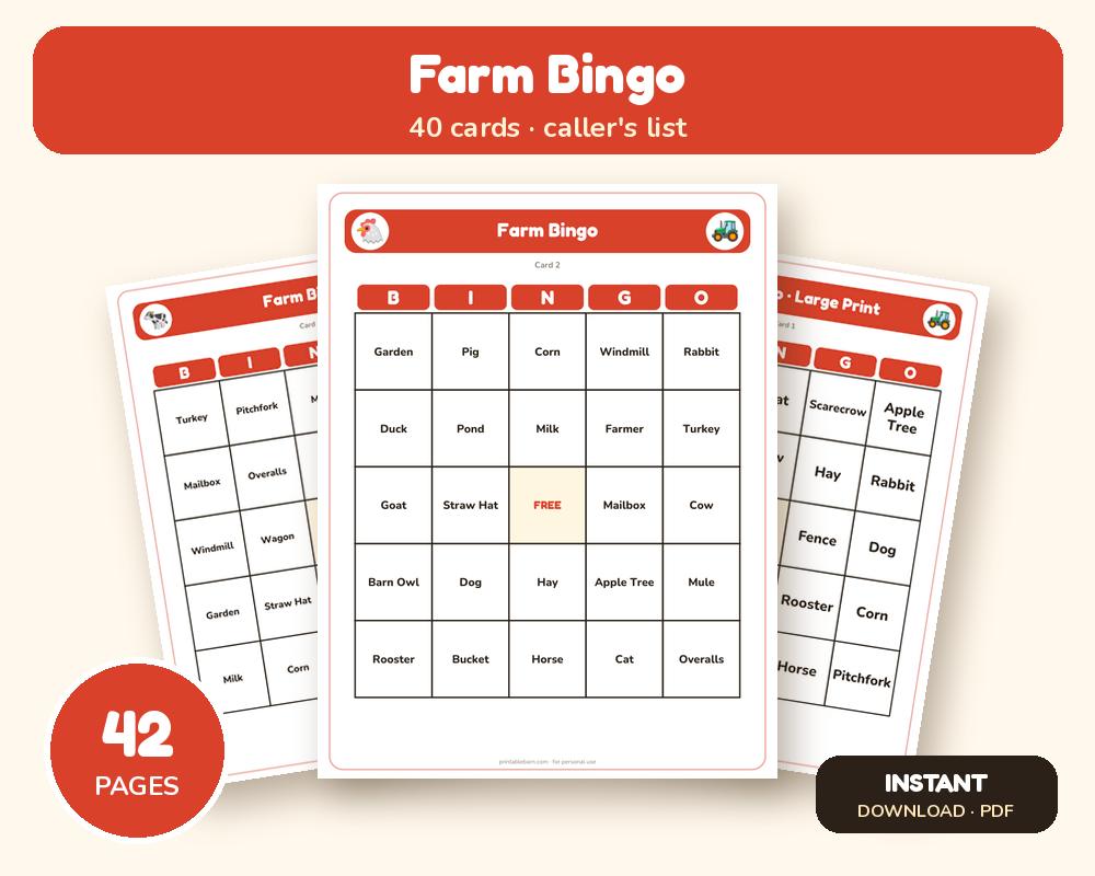 Farm Bingo: 40 Printable Cards (Regular + Large Print) printable preview 1