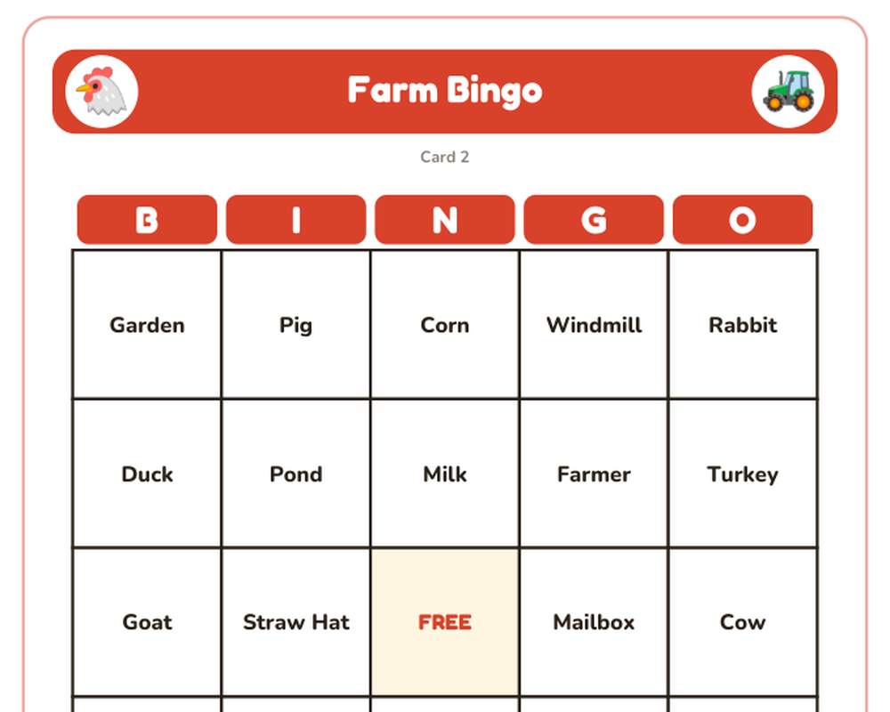 Farm Bingo: 40 Printable Cards (Regular + Large Print) printable preview 2