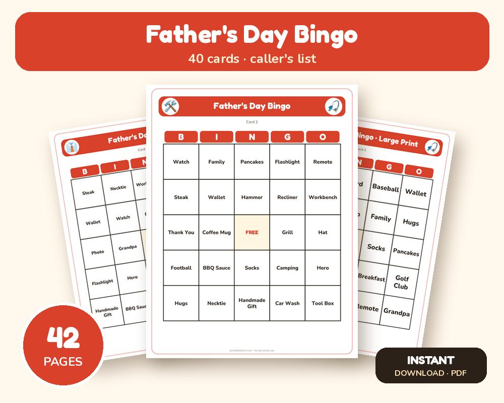 Father's Day Bingo: 40 Printable Cards (Regular + Large Print)