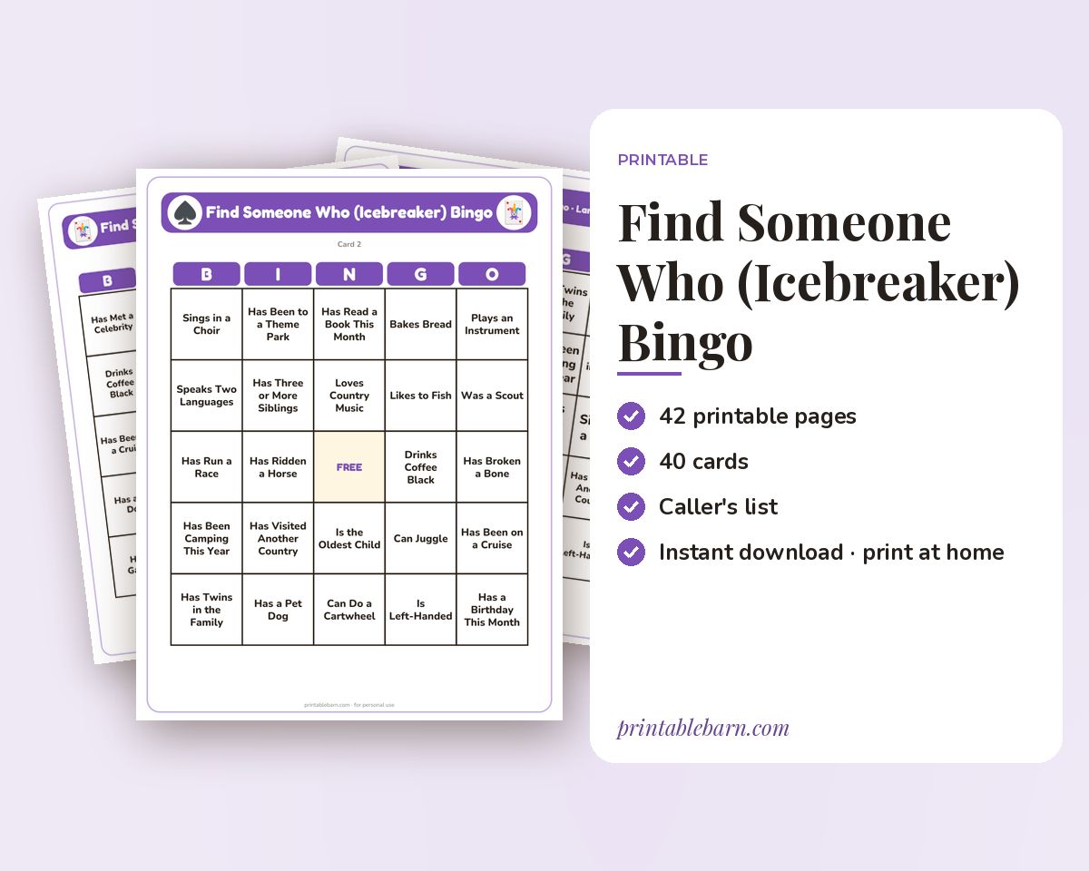 Find Someone Who (Icebreaker) Bingo: 40 Printable Cards (Regular + Large Print) printable preview 1