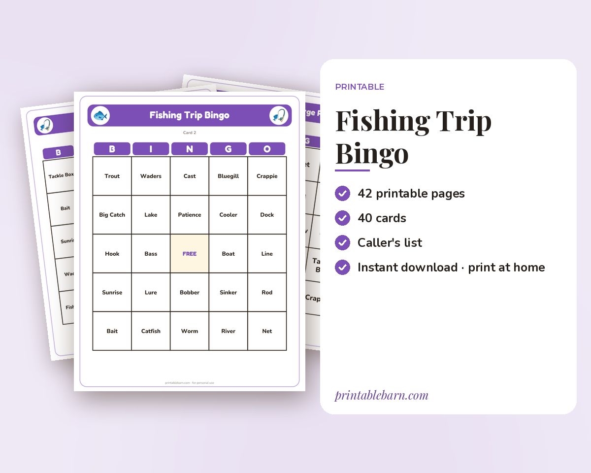 Fishing Trip Bingo: 40 Printable Cards (Regular + Large Print) printable preview 1