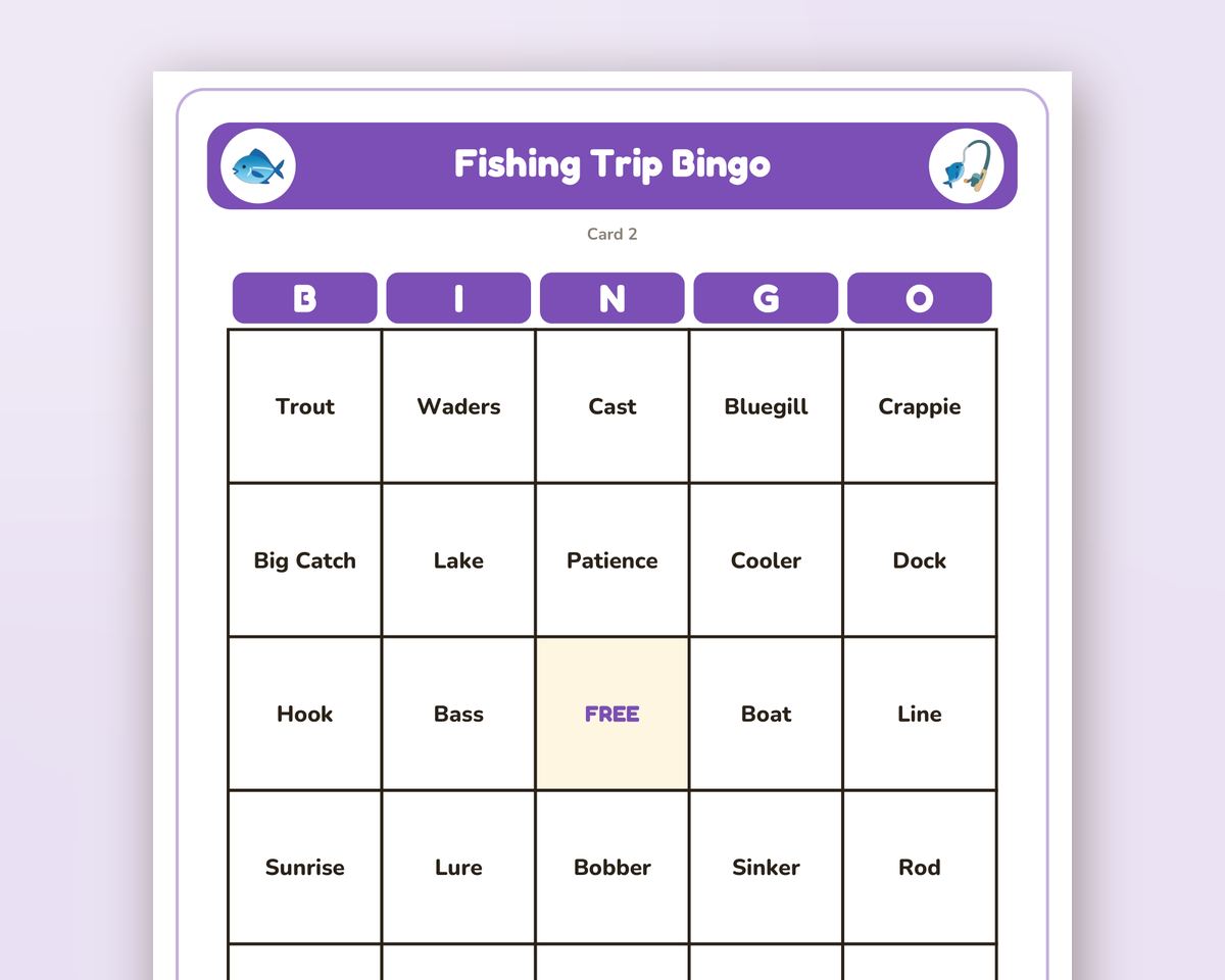 Free printable Fishing Trip Bingo sample page