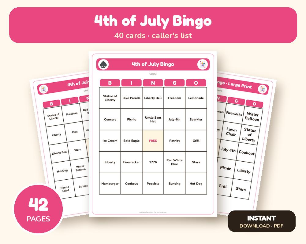 4th of July Bingo: 40 Printable Cards (Regular + Large Print)