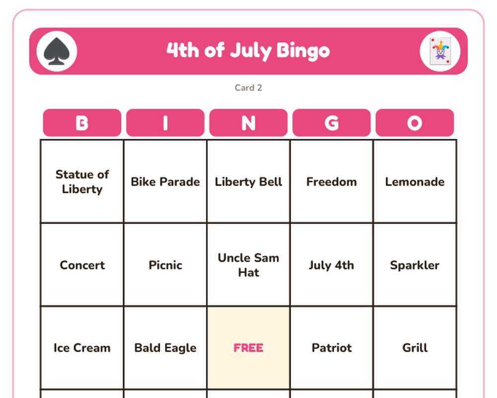 Free printable 4th of July Bingo sample page