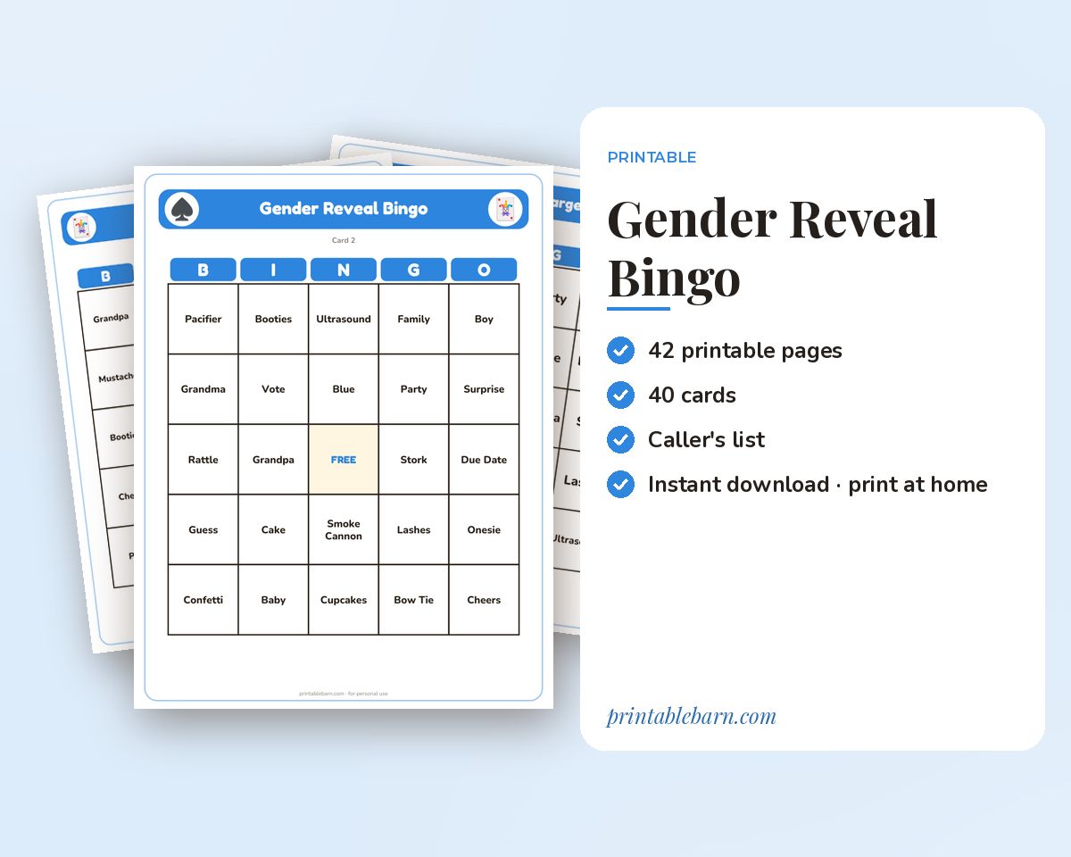 Gender Reveal Bingo: 40 Printable Cards (Regular + Large Print) printable preview 1