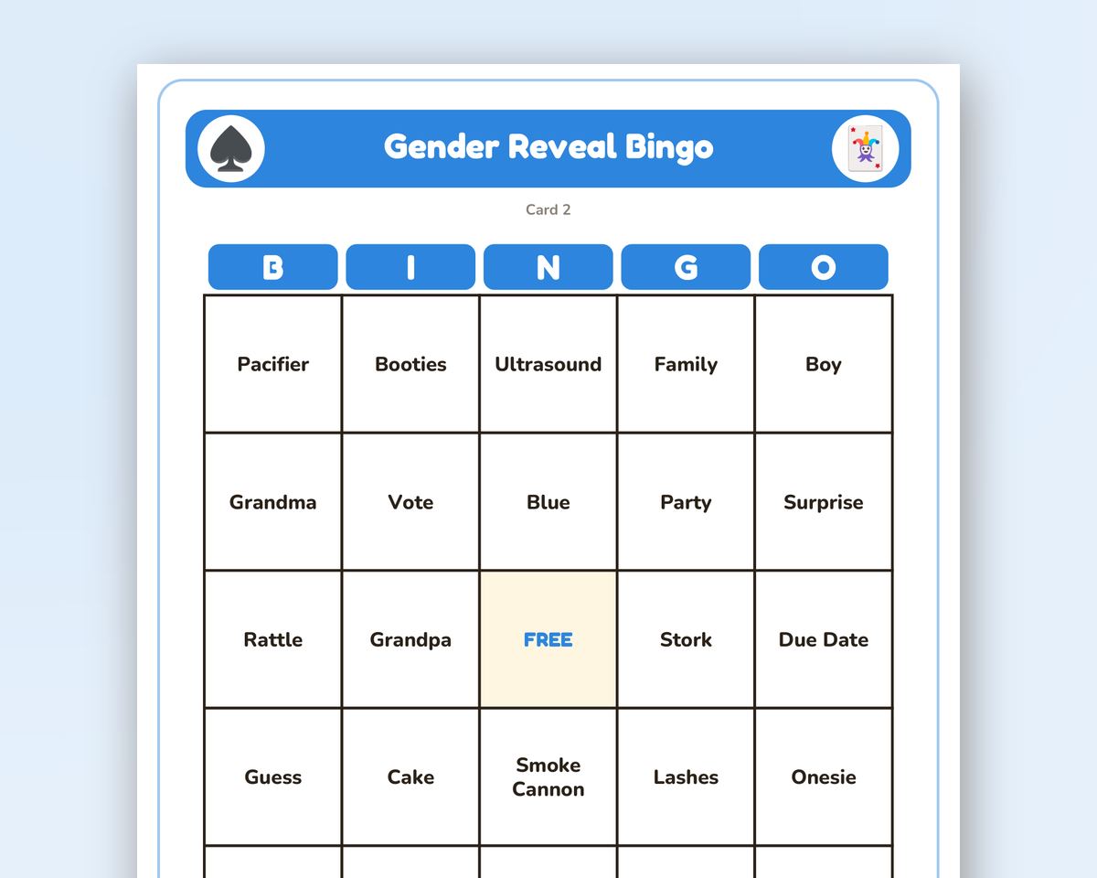 Free printable Gender Reveal Bingo sample page